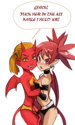  2girls bernd_und_das_r&auml;tsel_um_unteralterbach blush colored_skin cowboy_shot crossover demon demon_girl demon_tail disgaea earrings elbow_gloves emily_geiger etna_(disgaea) flat_chest gloves highres horns hug jewelry loli looking_at_viewer multiple_girls oni_horns open_mouth pointy_ears profanity red_eyes red_hair red_skin short_hair short_twintails simple_background skull_earrings slit_pupils speech_bubble standing tagme tail teeth trait_connection twintails unteralterbach white_background wings yellow_eyes  rating:Questionable score:123 user:moderfoker1234