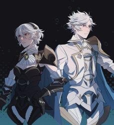  1boy 1girl armor armored_leotard ascot black_armor black_background black_hairband blue_cape brooch cape closed_mouth commentary_request corrin_(female)_(fire_emblem) corrin_(fire_emblem) corrin_(male)_(fire_emblem) fire_emblem fire_emblem_fates fire_emblem_heroes grey_hair hair_between_eyes hairband hand_on_own_hip highres jewelry leotard nintendo official_alternate_costume official_alternate_hairstyle oratoza pauldrons pointy_ears red_eyes serious short_hair shoulder_armor simple_background white_armor white_ascot 
