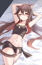  1girl absurdres animal_ears arms_up bare_arms bare_shoulders black_shorts brown_hair camisole cat_ears cat_tail collarbone crop_top genshin_impact groin highres hu_tao_(genshin_impact) kemonomimi_mode long_hair looking_at_viewer lying makaroni_(makaroni_kana) midriff navel on_back red_eyes short_shorts shorts solo spaghetti_strap stomach tail thighs uneven_eyes very_long_hair  rating:Sensitive score:15 user:danbooru