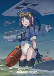  1girl absurdres aircraft airplane airship boat boots braid brown_hair camera covered_navel erica_(naze1940) gloves green_eyes hat highres horizon long_hair looking_at_viewer military_hat military_uniform one-piece_swimsuit open_mouth original sailor_collar short_sleeves solo swim_ring swimsuit swimsuit_under_clothes uniform wading watch watercraft 