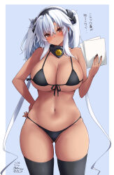  1girl absurdres bare_shoulders bikini black_bikini black_nails black_thighhighs blue_background blush breasts cowboy_shot crossed_bangs dark-skinned_female dark_skin dated front-tie_bikini_top front-tie_top glasses gluteal_fold grey_hair hair_between_eyes hand_on_own_hip hand_up highres holding holding_paper huge_breasts jewelry kantai_collection long_hair looking_at_viewer mashiro_yukiya musashi_(kancolle) musashi_kai_ni_(kancolle) nail_polish navel paper partially_visible_vulva rimless_eyewear ring signature simple_background solo string_bikini swimsuit thighhighs thighs translated underboob very_long_hair wedding_ring 