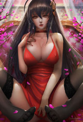 1girl ahoge azur_lane bare_shoulders black_hair black_thighhighs blush breasts choker cleavage cocktail_dress collarbone covered_erect_nipples covering_privates covering_crotch dress hair_between_eyes hair_ornament hand_on_own_chest highres huge_breasts large_breasts light_particles long_hair looking_at_viewer nail_polish no_shoes open_mouth petals red_choker red_dress red_eyes red_lips red_nails sidelocks sitting solo taihou_(azur_lane) taihou_(forbidden_feast)_(azur_lane) thighhighs turewindwalker very_long_hair windwalker rating:Sensitive score:52 user:danbooru