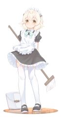  1girl animal_ears apron black_dress black_footwear blue_bow blue_bowtie blush bow bowtie brown_eyes bucket collared_shirt dress flying_sweatdrops frilled_dress frills full_body garter_straps goat_ears goat_girl goat_horns highres holding holding_mop horns maid maid_apron maid_headdress mary_janes md5_mismatch medium_hair mop original puffy_short_sleeves puffy_sleeves sakurea shirt shoes short_sleeves simple_background solo standing thighhighs webp-to-png_conversion white_background white_hair white_thighhighs 