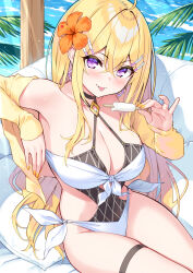 1girl :p bikini black_one-piece_swimsuit blonde_hair blush breasts cleavage collarbone commentary_request cu-no earrings fingernails flower food hair_flower hair_ornament hairclip hakurei_botan highres hisen_kaede holding holding_food holding_popsicle jacket jewelry large_breasts long_hair looking_at_viewer nail_polish ocean one-piece_swimsuit open_clothes open_jacket orange_flower outdoors popsicle purple_eyes sitting solo swimsuit thigh_strap thighs tongue tongue_out two-tone_swimsuit white_bikini yellow_jacket yellow_nails 