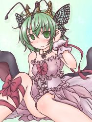  1girl alternate_costume antennae aqua_background bad_id bad_pixiv_id bodice bow breasts bug butterfly_hair_ornament choker collarbone dress firefly frown gradient_background green_eyes green_hair hair_ornament hand_in_own_hair highres insect knee_up leg_ribbon looking_at_viewer matching_hair/eyes princess_wriggle ribbon shadow short_hair sitting solo strapless strapless_dress takanoru tiara touhou wriggle_nightbug wrist_cuffs wrist_ribbon 