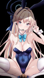  1girl absurdres animal_ears ass black_background blonde_hair blue_archive blue_bow blue_bowtie blue_eyes blue_hair blue_halo blue_leotard bow bowtie braid breasts cameltoe covered_navel detached_collar earpiece fake_animal_ears halo highres leotard long_hair looking_at_viewer medium_breasts multicolored_hair nekobox official_alternate_costume rabbit_ears simple_background solo spread_legs strapless strapless_leotard streaked_hair thighhighs toki_(blue_archive) toki_(bunny)_(blue_archive) v white_thighhighs wrist_cuffs 
