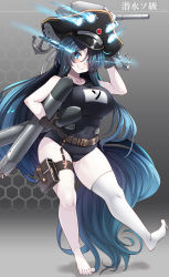  1girl absurdly_long_hair absurdres abyssal_ship anchor arm_up belt belt_pouch black_gloves black_hair blue_eyes blush breasts commentary_request covered_navel gloves glowing glowing_eyes hat highres holding holding_torpedo kantai_collection konoshige_(ryuun) large_breasts long_hair looking_at_viewer name_tag pale_skin pouch simple_background single_thighhigh smile so-class_submarine solo thigh_strap thighhighs torpedo turret very_long_hair white_thighhighs 