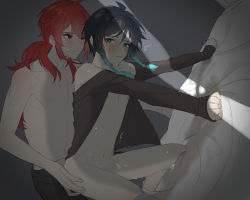 2boys absurdres all_fours anal bar_censor bed black_hair blue_eyes blue_hair blush braid censored closed_mouth cum cum_on_body cum_on_male diluc_(genshin_impact) genshin_impact hair_between_eyes highres implied_sex kkopoli long_hair male_focus male_penetrated multiple_boys on_bed open_mouth penis ponytail red_eyes red_hair sex sex_from_behind shota side_braids sweat topless_male venti_(genshin_impact) yaoi rating:Explicit score:63 user:danbooru