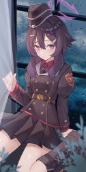  1girl absurdres belt black_belt black_jacket black_skirt blue_archive boots buttons collared_shirt curtains double-breasted garrison_cap hair_between_eyes hair_ornament hairclip halo haruka_(blue_archive) hat highres jacket juliet_sleeves long_hair long_sleeves looking_at_viewer pleated_skirt puffy_sleeves purple_eyes purple_hair purple_halo red_shirt shirt sitting skirt small_sweatdrop solo wariza window yagen_(user_mxur3238)  rating:General score:5 user:danbooru