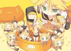1boy 6+girls :d animal_ears black_sailor_collar black_shorts black_sleeves blade_(galaxist) blonde_hair brother_and_sister cat-shaped_pupils cat_ears cat_girl cat_tail chibi closed_eyes commentary_request detached_sleeves elbow_gloves fang fangs fingernails gloves green_eyes grey_gloves hair_between_eyes hair_ornament hairclip kagamine_len kagamine_rin long_hair long_sleeves mini_person minigirl multiple_girls neckerchief necktie open_mouth orange_neckwear parted_bangs puffy_short_sleeves puffy_sleeves sailor_collar school_uniform serafuku shirt short_shorts short_sleeves shorts siblings sleeveless sleeveless_shirt smile speech_bubble symbol-shaped_pupils tail twins v-shaped_eyebrows vocaloid wavy_mouth white_shirt yawning yellow_background rating:Sensitive score:2 user:danbooru