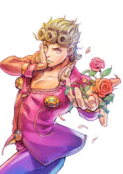  1boy blonde_hair braid bug flower giorno_giovanna green_lips hand_on_own_cheek hand_on_own_face highres insect jojo_no_kimyou_na_bouken ladybug lipstick makeup male_focus outstretched_hand petals plant rose simulex smirk solo thorns vento_aureo vines white_background yellow_eyes 