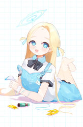  1girl absurdres angel&#039;s_24_uniform_(blue_archive) angel_wings apron barcode_scanner black_bow black_bowtie blonde_hair blue_apron blue_archive blue_eyes blue_halo blush bow bowtie collared_shirt halo highres long_hair looking_at_viewer lying on_stomach open_mouth polo_shirt shirt shishiodoshi short_sleeves smile solo sora_(blue_archive) the_pose two_side_up white_shirt white_wings wings 
