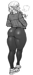 1girl ass braid breath commentary_request dark-skinned_female dark_skin elf-san_wa_yaserarenai. from_behind greyscale highres huge_ass kuroeda-san long_hair looking_at_viewer looking_back mole mole_under_eye monochrome pointy_ears shoes skin_tight sneakers solo sweater synecdoche thick_thighs thighs rating:Sensitive score:70 user:danbooru
