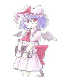  1girl animal_ears aokukou ascot back_bow bat_wings bespectacled blue_hair book bow cat_ears cat_tail collared_shirt cowboy_shot frilled_headwear frilled_sleeves frilled_wrist_cuffs frills glasses hair_between_eyes hat hat_bow holding holding_book looking_at_viewer medium_hair mob_cap open_mouth red_ascot red_bow red_eyes remilia_scarlet round_eyewear shirt short_sleeves simple_background skirt skirt_set sleeve_ribbon solo tail touhou white_background white_headwear white_skirt wings wrist_cuffs 