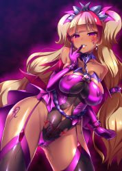  1girl alternate_color amanogawa_kirara areola_slip aura black_gloves black_thighhighs blunt_bangs blush body_writing breasts cameltoe chain cleft_of_venus clothing_cutout contrapposto corruption covered_erect_nipples cowboy_shot cuffs cure_twinkle dark-skinned_female dark_persona dark_skin detached_collar dutch_angle earrings elbow_gloves english_text facial_tattoo finger_to_mouth garter_straps glint gloves glowing go!_princess_precure grin hair_ornament half-closed_eyes heart heart_tattoo highleg highleg_leotard highres hip_focus impossible_clothes impossible_leotard jewelry large_breasts leotard light_brown_hair long_hair looking_at_viewer low-tied_long_hair magical_girl microskirt multicolored_hair naughty_face navel navel_cutout pink_eyes pink_hair pleated_skirt precure pubic_tattoo pussy_juice quad_tails sagging_breasts satou_kuuki see-through shiny_clothes showgirl_skirt skirt smile solo standing star_(symbol) strapless strapless_leotard tattoo thighhighs two-tone_hair very_long_hair  rating:Explicit score:180 user:danbooru