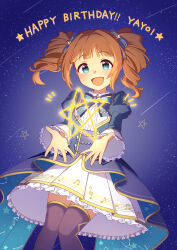  1girl :d artist_name black_thighhighs blue_bow blue_eyes bow brown_hair constellation_print dress hair_ornament hair_ribbon highres idolmaster idolmaster_million_live! idolmaster_million_live!_theater_days long_sleeves musical_note musical_note_print open_mouth ribbon sky smile standing star_(sky) star_(symbol) star_hair_ornament starry_sky takatsuki_yayoi thighhighs twintails usagichama 