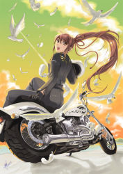  1girl bird dove motor_vehicle motorcycle original ponytail solo vehicle yuu_(yuyukaikan)  rating:Sensitive score:3 user:danbooru