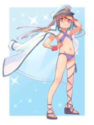  1girl bare_arms bikini blue_background blue_hair blunt_bangs blunt_ends border brown_eyes brown_hair coat coat_on_shoulders colored_inner_hair commentary criss-cross_halter epaulettes flat_chest full_body groin halterneck hand_in_own_hair hand_on_own_hip hand_up hat highres hozuki_momiji kyarahiba leg_ribbon light_blush multicolored_hair navel official_alternate_costume official_alternate_hair_length official_alternate_hairstyle onii-chan_wa_oshimai! outside_border peaked_cap platform_footwear platform_heels purple_bikini ribbon simple_background smile solo sparkle_background standing stomach swimsuit thigh_ribbon two-tone_hair white_border white_coat wrist_cuffs 