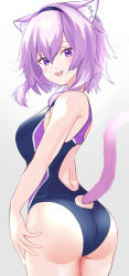  1girl absurdres ahoge alternate_costume animal_ear_fluff animal_ears ass blue_one-piece_swimsuit blush breasts cat_ears cat_girl cat_tail highres hololive looking_at_viewer medium_breasts medium_hair nekomata_okayu one-piece_swimsuit open_mouth purple_eyes purple_hair sideboob smile solo swimsuit tail tsumayouji_(tumayog) virtual_youtuber white_background  rating:Sensitive score:19 user:danbooru