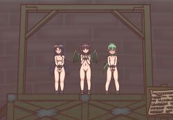  3girls bdsm blue_hair blunt_bangs blush bondage bound brick_wall closed_mouth collar completely_nude crowd dragon_girl dragon_wings female_focus fire_emblem fire_emblem:_mystery_of_the_emblem fire_emblem:_path_of_radiance fire_emblem:_shadow_dragon fire_emblem:_the_sacred_stones flat_chest full_body green_eyes green_hair green_wings hair_tie hana_(001amino) hands_up headband highres humiliation imminent_rape leash loli long_hair looking_at_another looking_at_viewer looking_to_the_side multi-tied_hair multiple_girls myrrh_(fire_emblem) nintendo nude onlookers out_of_frame own_hands_together pale_skin parted_bangs parted_lips people pointy_ears ponytail public_indecency public_nudity purple_hair pussy red_eyes red_headband sanaki_kirsch_altina shadow sign silhouette slave stage standing stocks textless_version tiki_(fire_emblem) tiki_(young)_(fire_emblem) twintails v_arms very_long_hair wings wooden_floor worried writing yellow_wings 