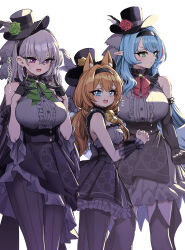  3girls absurdres animal_ear_fluff animal_ears ascot bare_shoulders black_dress black_gloves black_hairband black_hat black_pantyhose black_thighhighs blue_archive blue_eyes blue_hair blue_wings breasts cat_ears cat_girl commentary_request detached_sleeves double_v dress feathered_wings flower flower_hat frilled_dress frills gloves green_ascot green_eyes green_flower green_rose grey_dress grey_hair hairband hat highres idol_clothes large_breasts layered_dress looking_at_viewer looking_to_the_side low_twintails low_wings mari_(blue_archive) mari_(idol)_(blue_archive) mine_(blue_archive) mine_(idol)_(blue_archive) mini_hat mini_top_hat multiple_girls official_alternate_costume official_alternate_hairstyle orange_hair pantyhose pizzasi pointy_ears purple_eyes red_ascot red_flower red_rose rose sakurako_(blue_archive) sakurako_(idol)_(blue_archive) simple_background sparkle standing striped_clothes striped_pantyhose sweat thighhighs top_hat translation_request twintails v v-shaped_eyebrows vertical-striped_clothes vertical-striped_pantyhose white_background wings wrist_wrap yellow_flower yellow_rose 