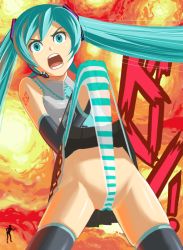  1girl angry bare_shoulders clothes_lift cowboy_shot detached_sleeves egashira_2:50 explosion green_eyes green_hair hatsune_miku headset long_hair matching_hair/eyes moljib panties parody self_wedgie shouting skirt skirt_lift solo stretching striped_clothes striped_panties thighhighs twintails underwear upskirt vocaloid wedgie what  rating:Questionable score:36 user:danbooru