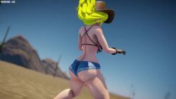  2girls 3d animated ass ass_shake blue_sky bouncing_breasts breasts cactus cleavage cowboy_hat dancing hat horse jiggle mikumikudance_(medium) multiple_girls music navel nora_valkyrie outdoors rwby sky sound standing thick_thighs thighs video yang_xiao_long 