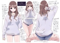 1girl :o barefoot blue_shorts blush breasts brown_hair elbow_rest feet frills kuro_(toi_et_moi) long_hair long_sleeves looking_at_viewer multiple_views original purple_eyes shorts simple_background sitting small_breasts smile translation_request white_background rating:Sensitive score:29 user:danbooru