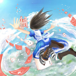 1girl alice:_madness_returns alice_(alice_in_wonderland) alice_in_wonderland alice_liddell_(american_mcgee&#039;s_alice) american_mcgee&#039;s_alice american_mcgee's_alice black_hair boots card cloud dress falling female_focus long_hair lucia1345 nature outdoors pantyhose plant playing_card sky solo striped_clothes striped_pantyhose
