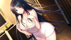  1girl :o bare_arms black_hair blue_eyes blurry blurry_background blush boku_to_kanojo_no_kojin_lesson breasts collarbone dutch_angle floating_hair game_cg hair_between_eyes hinazuka_ryou large_breasts long_hair looking_at_viewer naked_towel open_mouth reflection solo standing straight_hair towel tsukimori_misaki very_long_hair wet wet_hair wooden_floor 