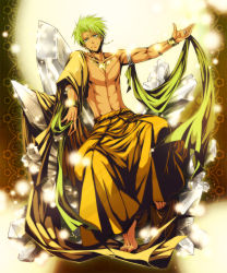  1boy abs aqua_eyes armlet barefoot bracelet celestial_stones collarbone crystal earrings forehead_jewel green_hair highres jewelry light_smile looking_at_viewer male_focus muscular original outstretched_arm personification revision ring topless_male short_hair sitting solo tatsuki_maki zircon_(personification)  rating:Sensitive score:14 user:danbooru