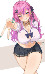  1girl absurdres ahoge black_ribbon black_skirt blue_bow blue_bowtie blue_eyes blush bow bowtie braid breasts character_request choco_tanuki cleavage copyright_request ear_piercing earrings foreshortening glasses green_nails hair_ornament hair_ribbon head_tilt highres jewelry large_breasts long_hair looking_at_viewer midriff miniskirt multicolored_hair nail nail_polish navel necklace piercing pink_hair plaid plaid_bow plaid_bowtie pleated_skirt purple_eyes ribbon ring shirt simple_background skirt smile solo standing thighs tied_shirt two-tone_hair v white_shirt 