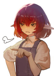  1girl black_eyes breath bright_pupils collared_shirt frown hair_between_eyes nanbo_ataru_(attall) original overalls pointing pointy_ears puff_of_air puffy_short_sleeves puffy_sleeves red_hair shirt short_hair short_sleeves sigh simple_background solo upper_body white_background white_pupils white_shirt 