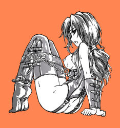  1girl armbinder arms_behind_back ass bad_id bad_pixiv_id bdsm bondage bondage_outfit bound breasts butt_crack chain cuffs female_focus fish.boy frogtie legbinder long_hair medium_breasts monochrome nipples orange_background original ponytail solo thighhighs  rating:Explicit score:88 user:danbooru