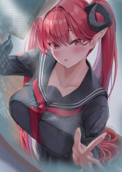  1girl absurdres azur_lane black_horns black_sailor_collar black_serafuku black_shirt black_skirt blush breast_press breasts collarbone commentary cosplay curled_horns demon_girl demon_horns formidable_(azur_lane) formidable_(azur_lane)_(cosplay) formidable_(the_lover&#039;s_heart_flutters_on_duty)_(azur_lane) highres hindenburg_(azur_lane) horns large_breasts long_hair looking_at_viewer pointy_ears red_eyes red_hair sailor_collar school_uniform serafuku shirt skirt solo spekkio36 symbol-only_commentary twintails very_long_hair 