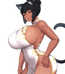 1girl absurdres animal_ears bare_arms black_eyes black_hair breasts cat_ears cat_girl cat_tail chikaretsu china_dress chinese_clothes closed_mouth covered_navel cowboy_shot dark-skinned_female dark_skin dress frown highres huge_breasts one_eye_closed original scar short_hair sideboob sleeveless solo tail tight_clothes tight_dress white_dress rating:Sensitive score:84 user:danbooru