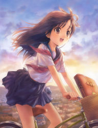 1girl :d absurdres bag bare_legs basket bicycle black_skirt blouse briefcase brown_eyes brown_hair building city cityscape cloud from_side goto_p happy highres house looking_away neckerchief non-web_source open_mouth original outdoors riding school school_briefcase school_uniform serafuku shirt short_sleeves skirt sky smile solo summer sunset white_shirt wind rating:Sensitive score:9 user:danbooru