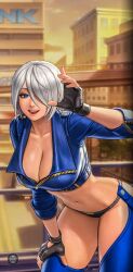  1girl angel_(kof) blue_eyes breasts cleavage fingerless_gloves gloves grey_hair hair_over_one_eye hand_on_leg hand_on_own_leg hand_on_own_thigh highres large_breasts leaning_forward midriff navel open_mouth pink_lips short_hair smile snk the_king_of_fighters 