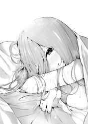 1girl bare_shoulders bed_sheet blanket blush breast_press breasts close-up closed_mouth crossed_arms go-toubun_no_hanayome greyscale hair_over_one_eye highres large_breasts light_smile long_hair looking_at_viewer lying messy_hair monochrome nakano_miku nipples nude on_stomach pointing pointing_at_viewer sawada_kou solo under_covers upper_body rating:Questionable score:12 user:danbooru