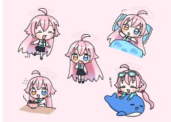  1girl 1nupool ahoge black_footwear black_skirt blue_archive blue_eyes blue_necktie eyewear_on_head hand_up heterochromia highres hoshino_(blue_archive) hoshino_(swimsuit)_(blue_archive) long_hair long_sleeves low_twintails multiple_views necktie open_mouth pink_background pink_hair shirt shoes simple_background skirt smile stuffed_whale sunglasses twintails very_long_hair walking white_shirt yellow_eyes 