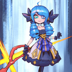 1girl ahoge black_bow black_gloves blue_hair bow breasts collarbone commentary_request dress drill_hair feet_out_of_frame gloves gradient_background green_eyes gwen_(league_of_legends) hair_bow heterochromia holding league_of_legends long_hair phantom_ix_row scissors smile twin_drills twintails rating:Sensitive score:4 user:danbooru