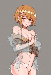  1girl absurdres bare_shoulders between_legs blush breasts brown_hair brown_shirt collarbone covering_breasts covering_privates cowboy_shot grey_background grid_background hair_ornament hairclip hand_between_legs highres looking_at_viewer medium_breasts navel original panties parted_lips qiufengxiaose rabbit_hair_ornament raincoat see-through shirt short_hair solo strap_slip sweatdrop thighs transparent_raincoat underwear water_drop wet wet_hair white_panties 