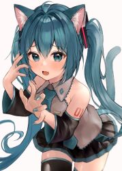  1girl animal_ear_fluff animal_ears arm_tattoo bare_shoulders black_sleeves blush breasts cat_ears cat_girl cat_tail commentary detached_sleeves eyelashes fang fingernails furrowed_brow green_eyes green_hair green_nails green_necktie grey_vest hair_between_eyes hair_intakes hands_up hatsune_miku highres leaning_forward long_fingernails long_hair long_sleeves looking_at_viewer medium_breasts miniskirt necktie number_tattoo open_mouth paw_pose pleated_skirt sidelocks simple_background skirt small_breasts solo standing straight_hair tail tananuki tattoo tears thighhighs twintails very_long_hair vest vocaloid wavy_mouth white_background wide_sleeves zettai_ryouiki  rating:General score:7 user:danbooru