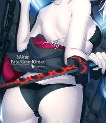 1girl absurdres arm_up artist_name artoria_pendragon_(all) artoria_pendragon_(alter_swimsuit_rider)_(fate) artoria_pendragon_(alter_swimsuit_rider)_(second_ascension)_(fate) artoria_pendragon_(fate) ass back bad_id bad_pixiv_id bare_arms bare_shoulders bikini black_bikini black_hoodie breasts cameltoe close-up commentary_request dakimakura_(medium) english_text excalibur_morgan_(fate) fate/grand_order fate_(series) fingernails foreshortening from_behind gun head_out_of_frame highres holding holding_sword holding_weapon hood hoodie magicians_(zhkahogigzkh) off_shoulder pale_skin red_hoodie reverse_grip saber_alter small_breasts solo swimsuit sword weapon wet white_hair rating:Questionable score:10 user:danbooru