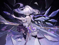  1girl bare_shoulders blue_eyes closed_mouth commentary crack crown english_commentary gloves highres holding holding_sword holding_weapon honkai_(series) honkai_impact_3rd kiana_kaslana kiana_kaslana_(herrscher_of_flamescion) long_hair looking_at_viewer making-of_available neon_(pixiv_31150749) official_alternate_costume open_hand roman_numeral single_thighhigh solo sword thighhighs weapon white_gloves white_hair 