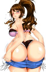  10s 1girl adahcm alternate_color ass bad_id bad_pixiv_id bare_shoulders blue_eyes blush bra breasts brown_hair clothes_pull creatures_(company) denim denim_shorts flying_sweatdrops from_behind game_freak high_ponytail highres hilda_(pokemon) huge_ass jiggle large_breasts long_hair looking_at_viewer looking_back looking_down multicolored_clothes nintendo one_eye_closed panties pokemon pokemon_bw ponytail shiny_skin short_shorts shorts shorts_pull sideboob solo strapless strapless_bra sweatdrop thong underwear undressing white_background wince wristband  rating:Questionable score:227 user:armorcrystal