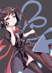  1girl absurdres asymmetrical_wings black_dress bow bowtie breasts brown_hair brown_thighhighs commentary_request dress grey_background hand_up highres holding houjuu_nue leg_up looking_at_viewer medium_breasts parted_lips polearm purple_eyes red_bow red_bowtie short_dress short_sleeves simple_background solo thighhighs touhou trap_(drthumt) trident weapon wings  rating:Sensitive score:7 user:danbooru