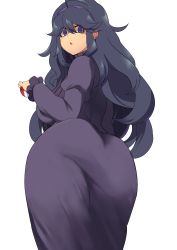  1girl @_@ absurdres ahoge alternate_breast_size ass ass_focus black_dress black_hair breasts creatures_(company) dress from_behind game_freak hair_between_eyes hairband hex_maniac_(pokemon) highres huge_ass large_breasts long_dress long_hair looking_at_viewer looking_back messy_hair minakami_(flyingman555) nintendo open_mouth pokemon pokemon_xy purple_hairband simple_background solo thighs very_long_hair  rating:Questionable score:132 user:Vardigiil