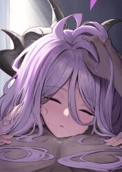 1boy 1girl abs absurdres ahoge blue_archive blurry closed_eyes commentary crying crying_with_eyes_open demon_girl demon_horns depth_of_field hair_between_eyes half-closed_eyes halo happy headpat highres hina_(blue_archive) horns karadborg long_hair looking_at_viewer lying lying_on_person on_back on_stomach out_of_frame parted_lips pov sensei_(blue_archive) sidelocks tears topless_male white_hair rating:Sensitive score:44 user:danbooru