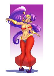 1girl absurdres arabian_clothes arm_up armpits belly_dancer blue_eyes blush breasts curvy dancing dark_skin dark-skinned_female earrings female_focus genie goodbadartist highres jewelry long_hair looking_at_viewer midriff navel open_mouth pointy_ears purple_hair shantae shantae_(series) simple_background smile solo standing thick_thighs thighs tiara very_long_hair wide_hips rating:Sensitive score:13 user:hungo